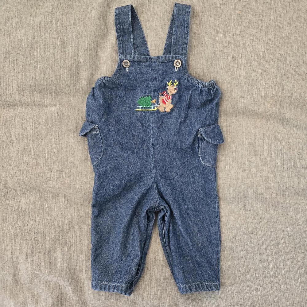 Vintage Baby 3-6 Months Denim Overalls Reindeer And Christmas Tree Embroidery